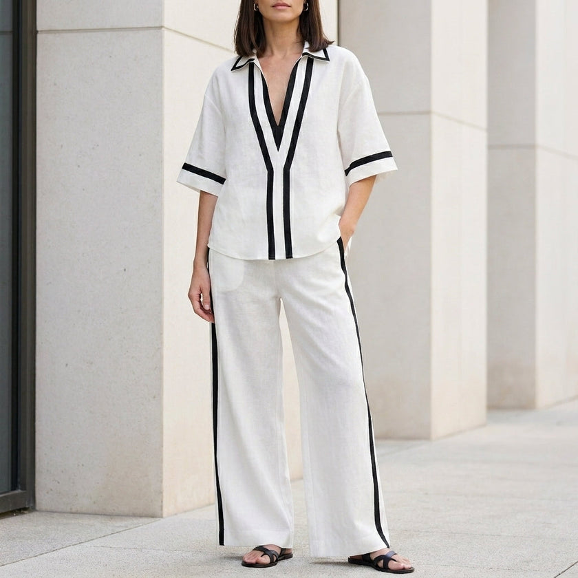 FJØRNA coastal chic contrast trim white top and wide-leg pants 2-piece set, with stylish detailing and relaxed fit.