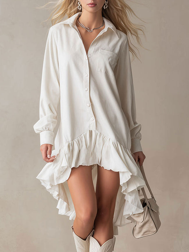White denim ruffle midi dress by FJØRNA, featuring a feminine ruffle design and midi length, perfect for evening wear.