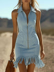 White Denim Tassel Mini Dress For Women