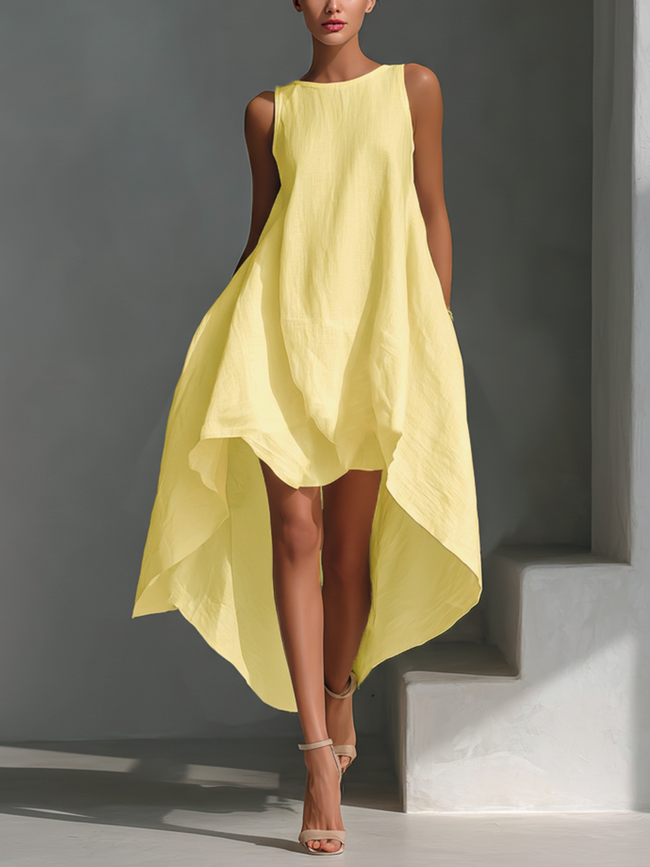 White linen sleeveless midi dress for women by FJØRNA, flowing fabric, elegant design, and knee-length silhouette.