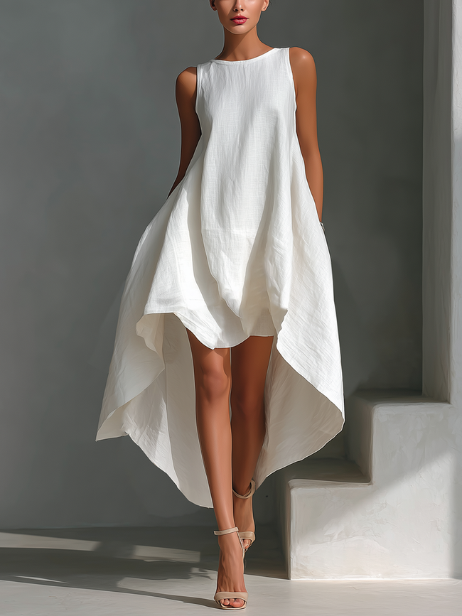 White linen sleeveless midi dress for women by FJØRNA, featuring a flowing silhouette and minimalist design.