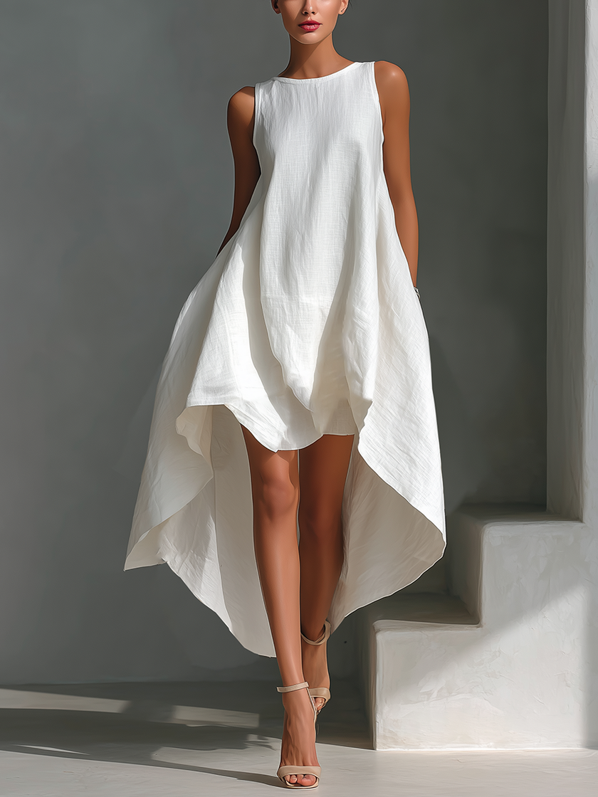 White Linen Sleeveless Midi Dress For Women