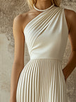 White pleated midi evening dress by FJØRNA featuring elegant pleats and a flowing silhouette for formal occasions.