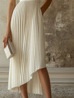 White pleated midi dress by FJØRNA, elegant evening dress with flowing fabric and classic pleats, perfect for formal occasions.