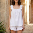 White FJØRNA ruffle strap sleeveless top and shorts lounge set, 2-piece casual outfit with ruffled details and comfortable fit.
