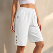 White women's summer shorts by FJØRNA with high waist, linen fabric, and pockets, perfect for lightweight, casual wear.