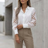 White women's summer blouse with geometric V-neck lace detail, by FJØRNA, featuring a stylish lightweight top for warm weather.