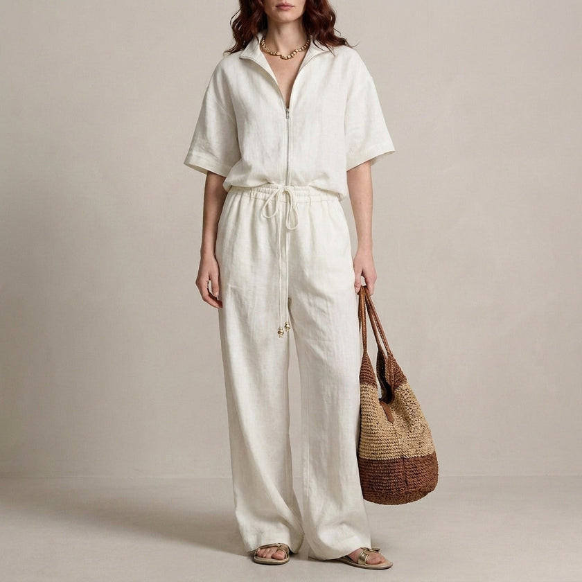 White FJØRNA zip-neck top and wide-leg trouser 2-piece set, casual stylish outfit with comfortable, relaxed fit.
