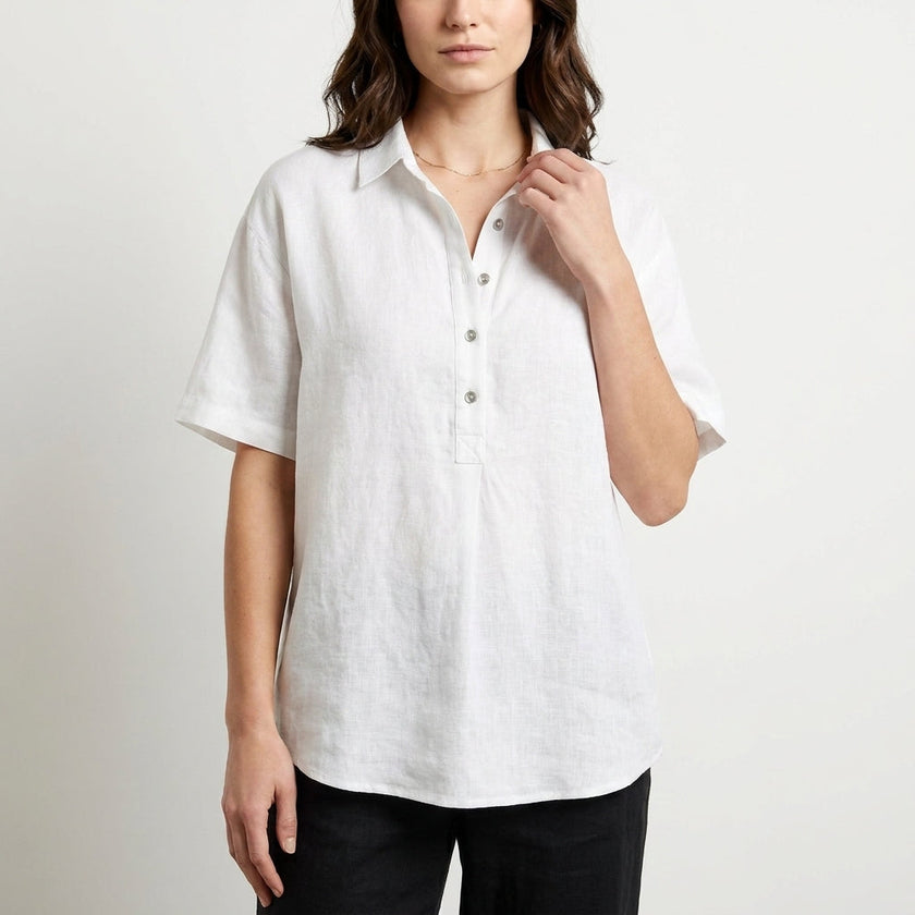 White FJØRNA summer blouse for women with short sleeves, denim fabric, casual top perfect for warm weather.