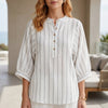 White striped linen summer blouse for women with button front, stylish and breathable FJØRNA women's top.