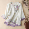White floral V-neck linen summer blouse for women by FJØRNA, lightweight and stylish top in women's clothing.