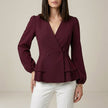 Wine red FJØRNA summer women's blouse with V-neck, long sleeves, and denim wrap design, stylish and comfortable top for warm weather.