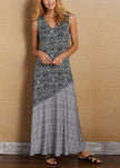 FJØRNA women's khaki sleeveless V-neck patchwork print party long dress, perfect for evening occasions.