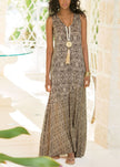 Women’s khaki V-neck patchwork print sleeveless evening dress by FJØRNA, featuring a long, elegant design for special occasions.