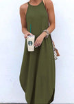 Women wearing a white sleeveless FJØRNA high-low hem casual maxi dress with straps, perfect for summer or casual occasions.