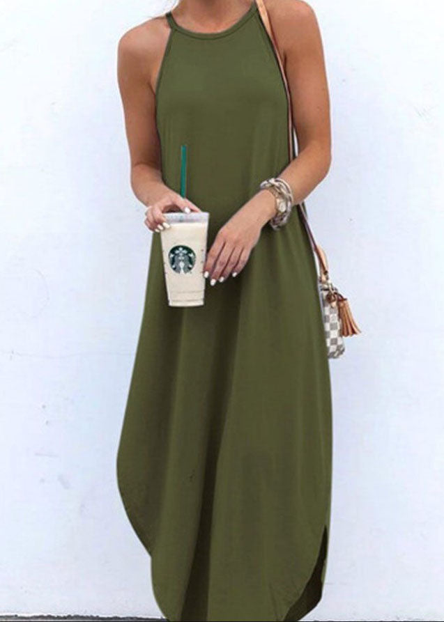 Women wearing a white sleeveless FJØRNA high-low hem casual maxi dress with straps, perfect for summer or casual occasions.
