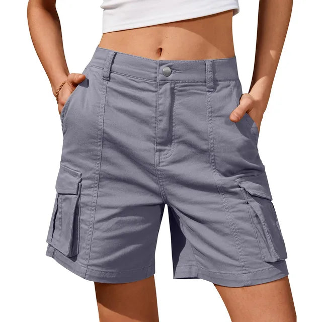 FJØRNA women's lightweight summer cargo shorts with high waist, relaxed fit, elastic waistband, and front pockets.