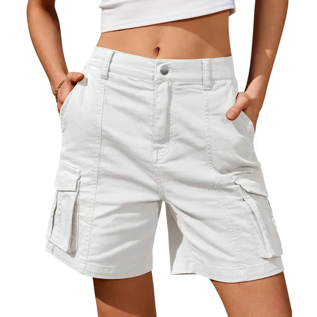 FJØRNA women's lightweight summer cargo shorts with high waist, elastic waistband, relaxed fit, and side pockets.