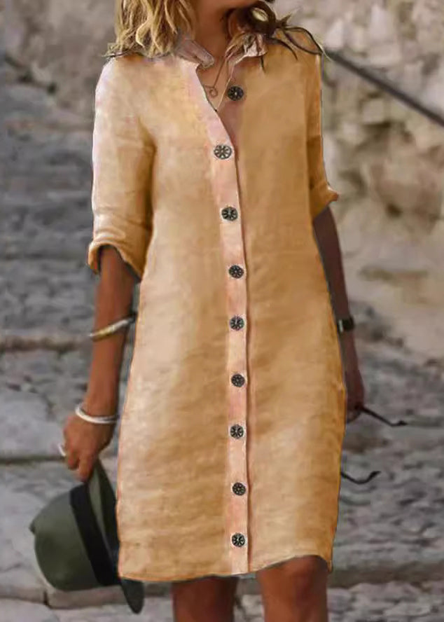 Women’s white stand collar cotton dress with buttons and half sleeves, stylish and casual by FJØRNA.