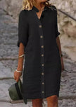 Women’s white stand collar cotton dress with button details, short sleeves, elegant casual style by FJØRNA.