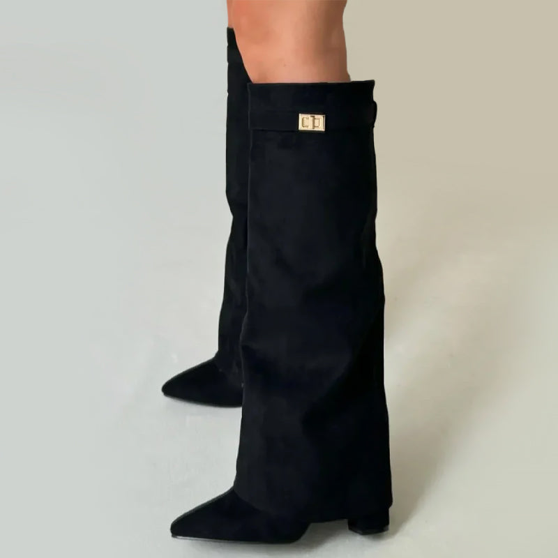 FJØRNA women's orthopedic knee-high suede boots with buckle details and fold-over cuff, stylish and supportive footwear.