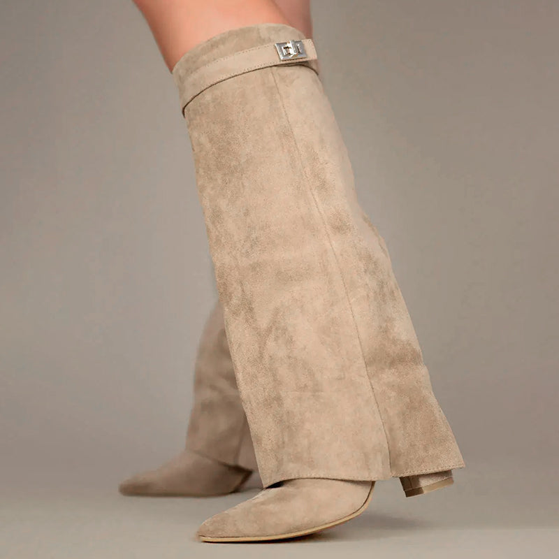 Women’s FJØRNA orthopedic knee-high suede boots with buckle closure and fold-over cuff, stylish and supportive women's shoes.