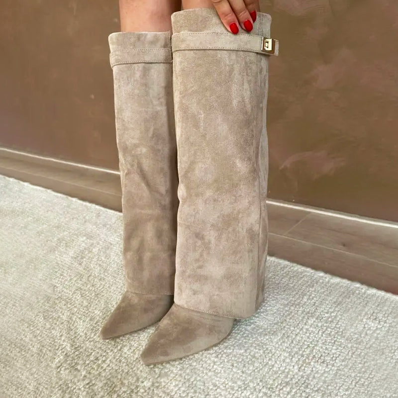 FJØRNA women's orthopedic buckle suede knee-high boots with fold-over cuff, stylish and supportive footwear for women.