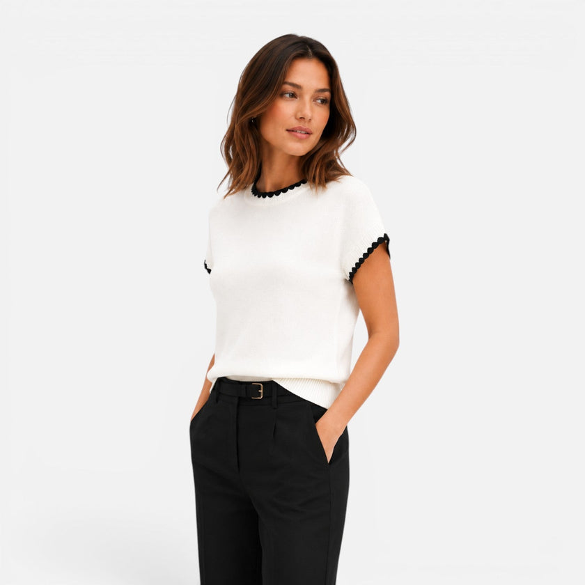 Women's FJØRNA knit top with contrast trim, short sleeves, crew neckline, stylish and comfortable for casual wear.