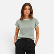 Women’s FJØRNA short sleeve knit top with contrast trim, crew neck, and stylish design, perfect for casual or chic looks.