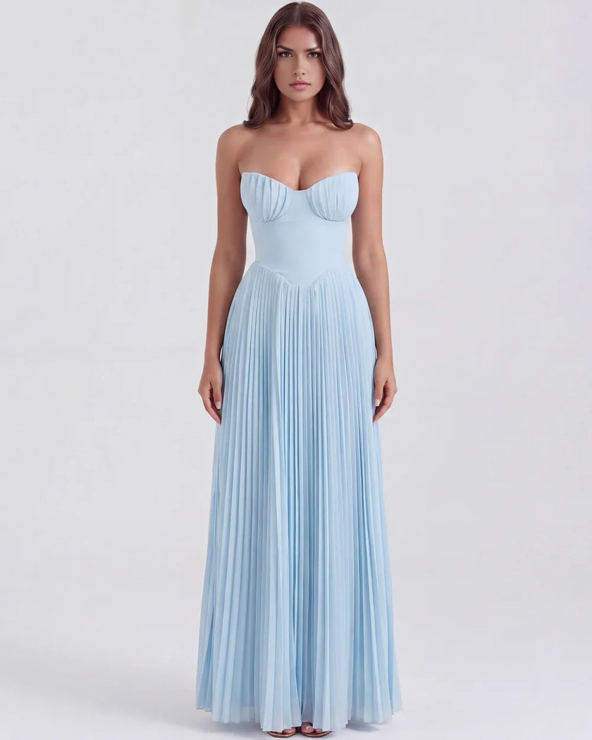 Women’s corset midi dress by FJØRNA featuring a fitted bodice and a flowing tulle skirt, perfect for elegant occasions.