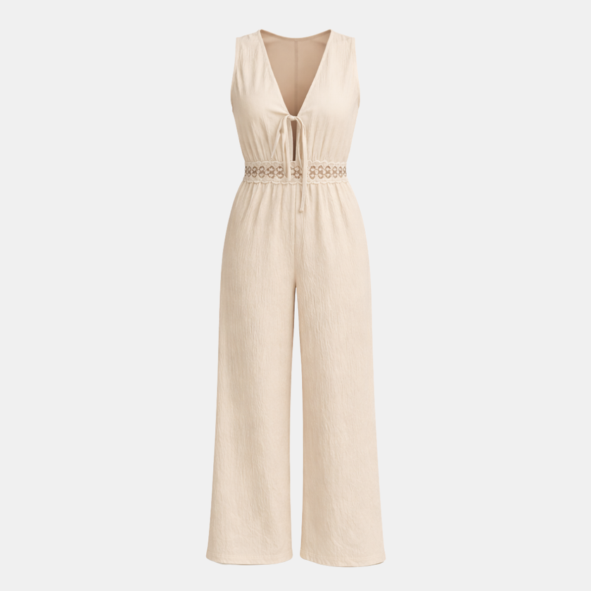 Cream lace two-piece women's suit set with sleeveless V-neck top and wide-leg pants by FJØRNA.