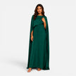 Women wearing FJØRNA women's draped sleeve maxi dress, flowing fabric, elegant design perfect for formal occasions.