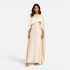 Women wearing FJØRNA women's draped sleeve maxi dress featuring flowing fabric and elegant design, full-length view.