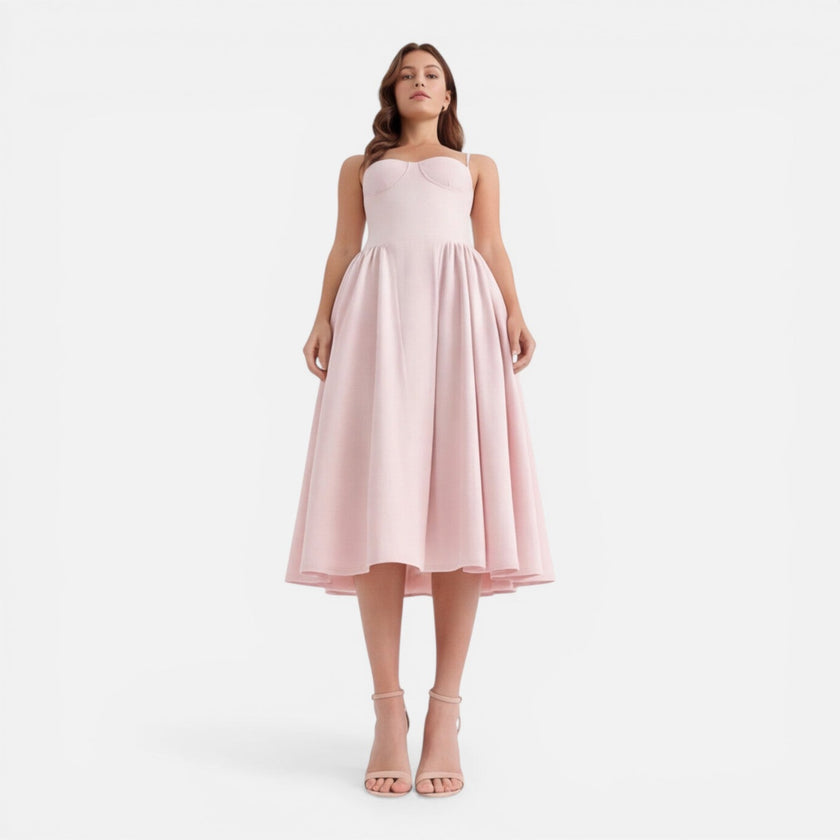 Women’s elegant midi dress by FJØRNA, strap A-line wedding guest dress, showcasing a stylish and sophisticated design.