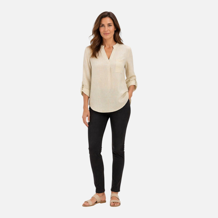 Women's elegant V-neck long sleeve blouse by FJØRNA, dressy casual top with a stylish V-neck design and long sleeves.