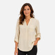 Women's elegant V-neck long sleeve blouse by FJØRNA, dressy casual top with feminine fit and stylish design.