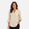 Women's elegant V-neck long sleeve blouse by FJØRNA, dressy casual top with feminine fit and stylish design.