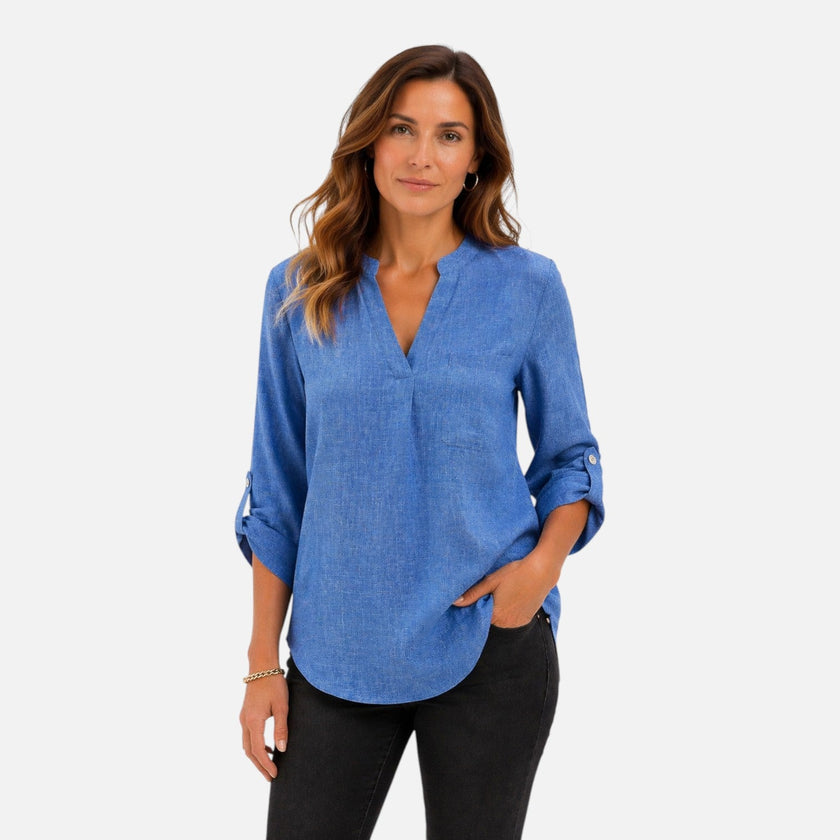 Women’s elegant V-neck long sleeve blouse by FJØRNA, dressy casual top with stylish fit and soft fabric.