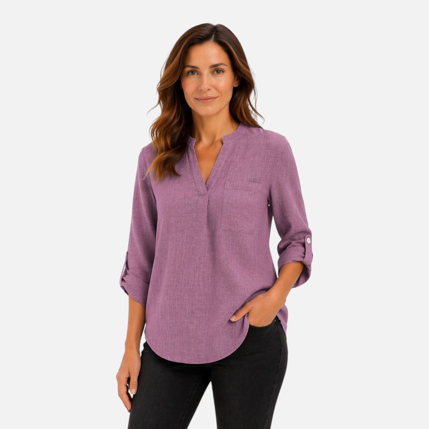 Women's elegant V-neck long sleeve blouse by FJØRNA, dressy casual top with a stylish fit and comfortable fabric.