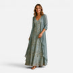 Women's floral embroidered maxi dress with chiffon jacket set by FJØRNA, featuring intricate embroidery and lightweight chiffon fabric.