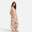 Women’s boho floral print V-neck maxi dress by FJØRNA, flowing fabric with colorful floral pattern, sleeveless design, and V-neckline.