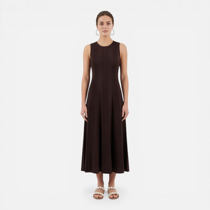 Women's sleeveless formal maxi dress by FJØRNA with pleated design, perfect for wedding guest attire.