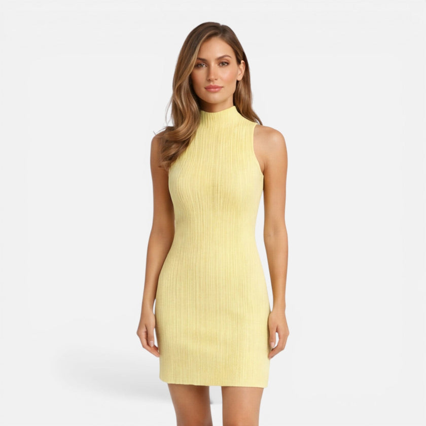 FJØRNA women's sleeveless knit mini dress with slim fit and mock neck, showcasing a stylish, fitted design perfect for casual wear.