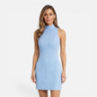 Women’s slim fit sleeveless knit mini dress by FJØRNA with a mock neck, showcasing its fitted design and soft fabric.