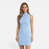Women’s slim fit sleeveless knit mini dress by FJØRNA with a mock neck, showcasing its fitted design and soft fabric.
