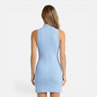 Women's slim fit knit mini dress by FJØRNA featuring sleeveless design and mock neck, shown in a close-up view of the dress.