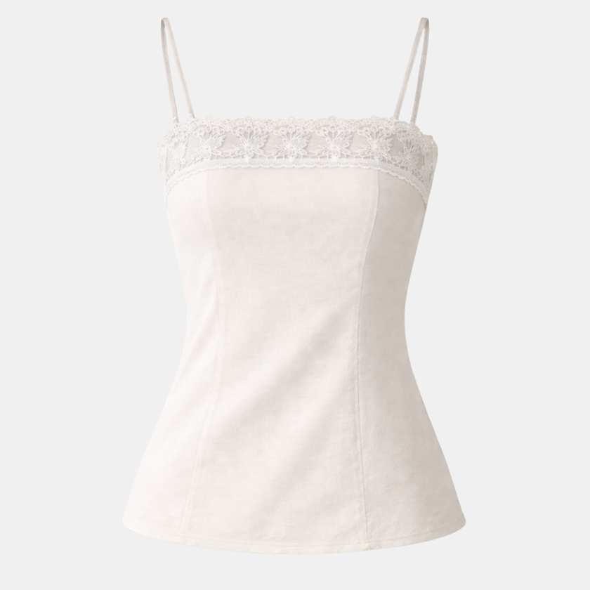 Women’s cotton camisole top with lace trim, lightweight summer blouse by FJØRNA, featuring a soft fabric and feminine detailing.