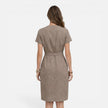 Women’s lightweight belted midi dress with V-neck and short sleeves by FJØRNA, displayed on a model with a casual style.