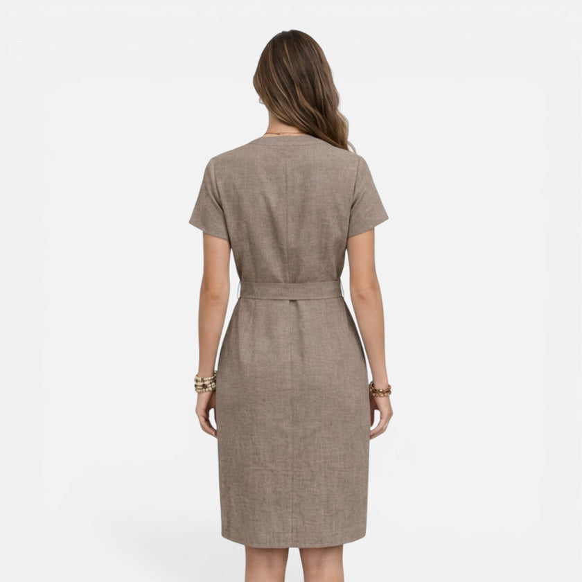Women’s lightweight belted midi dress with V-neck and short sleeves by FJØRNA, displayed on a model with a casual style.