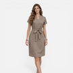 Women’s lightweight midi dress by FJØRNA with V-neck, short sleeves, and a belt, perfect for casual and summer wear.